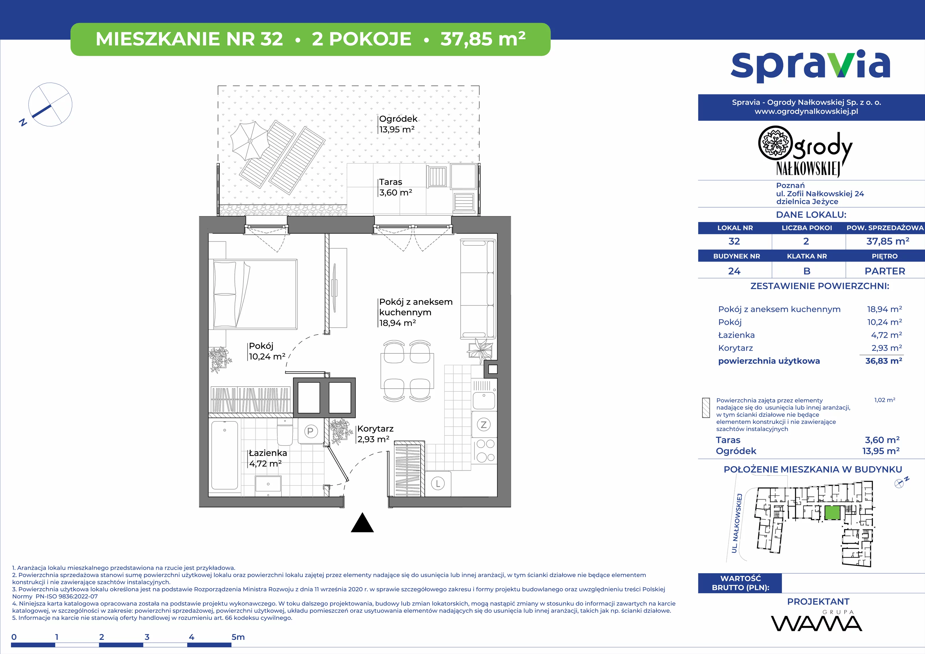 2 pokoje, mieszkanie 37,85 m², parter, oferta nr 24-32, Ogrody Nałkowskiej, Poznań, Ogrody, ul. Nałkowskiej 24, 26